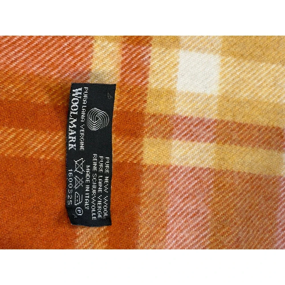 Woolmark Pure New Wool Plaid Scarf Made in Italy Blue Orange Yellow Fringe